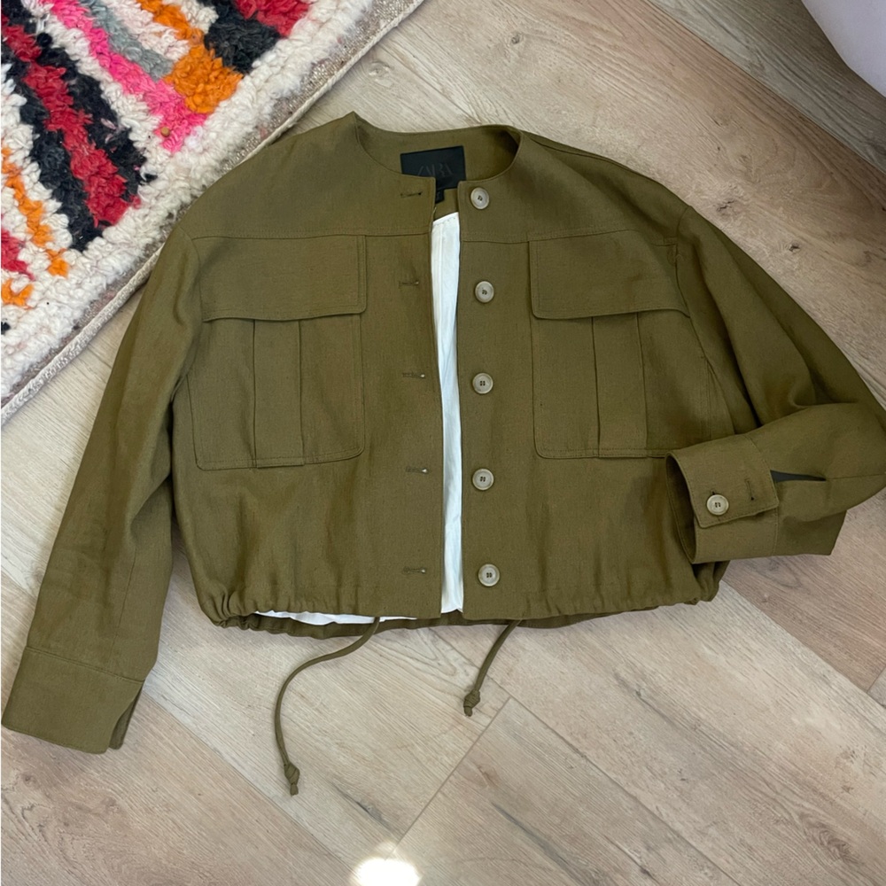 Zara Olive Utility Linen blend cropped Jacket XL